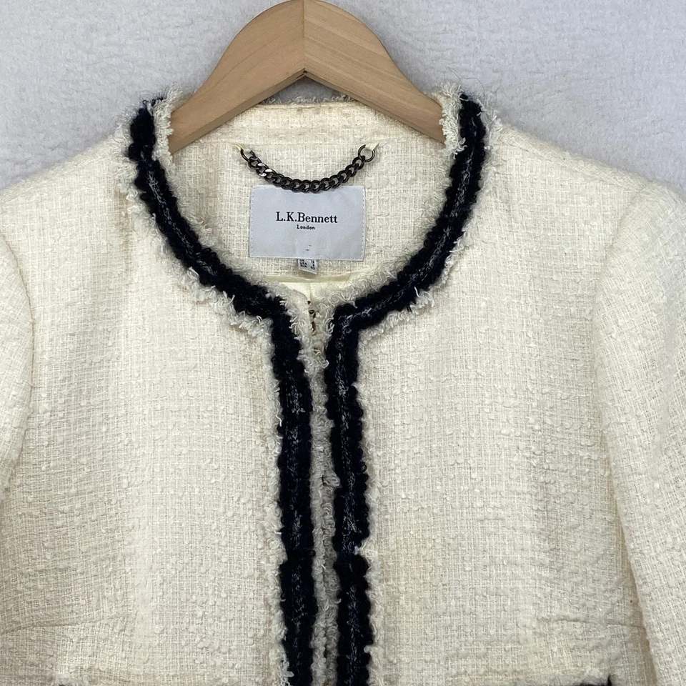 Chaqueta LK BENNETT 8 Charlee Tweed Boucle Forrada Borde Mezcla de Algodón Blanca Foto 4 de 4