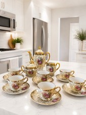 Vintage Porcelain Tea Set Gold Trim Romantic Scene Japan 15 Pc Tea Cups Pot