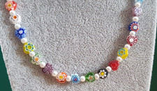 Unikat Perlen Kette Murano Millefiori Glas bunt Blumen Lampwork