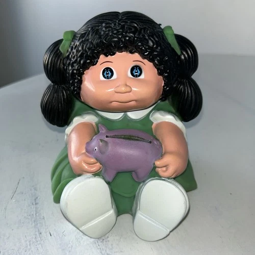 VTG 1983 Cabbage Patch Kids Plastic Piggy Bank Black Hair Blue Eyes Green Dress