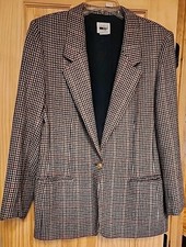 Leslie Fay Vintage Wool Blend Black Red Brown Houndstooth Classic Blazer Sz 12