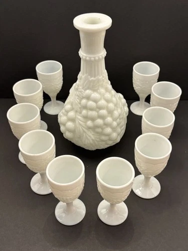 Vntg Imperial Milk Glass Wine Decanter & 10 Goblet Set Grape Vine