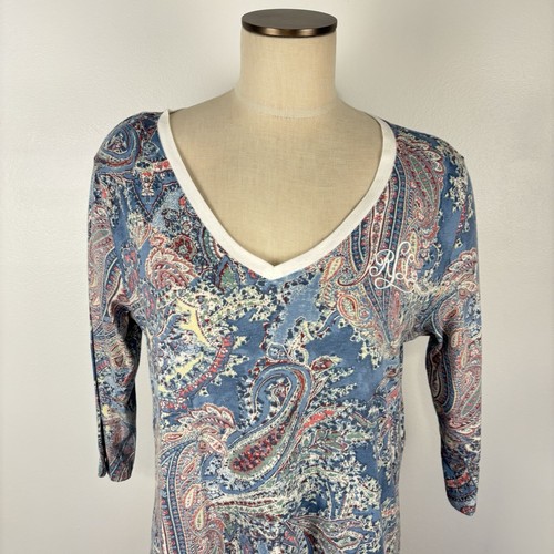 Abito T-Shirt Lauren Ralph Lauren Blu Bianco Paisley Logo Ricamato Scollo a V L - Foto 4 di 7