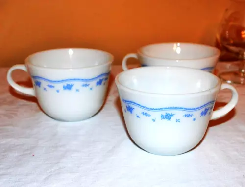 3 Vintage Pyrex “Morning Blue" Coffee Tea Cups Mugs White Blue Flowers