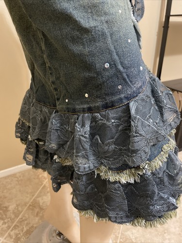 Damen blau Denim Baumwolle lässig perlenbestickt Boho Rock Größe S (4-6) 9018 - Bild 6 von 12