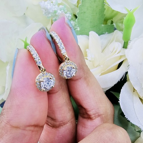 D/VVS 1.00 Ct, Lab Grown Round Diamond Halo Dangle Drop Hoop Earring In Gold - Picture 15 of 15
