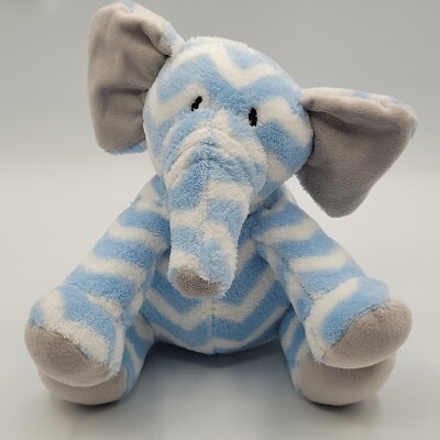 Trend Lab Elephant Plush Chevron Stuffed Animal Toy 10'' Blue White Gray Seated