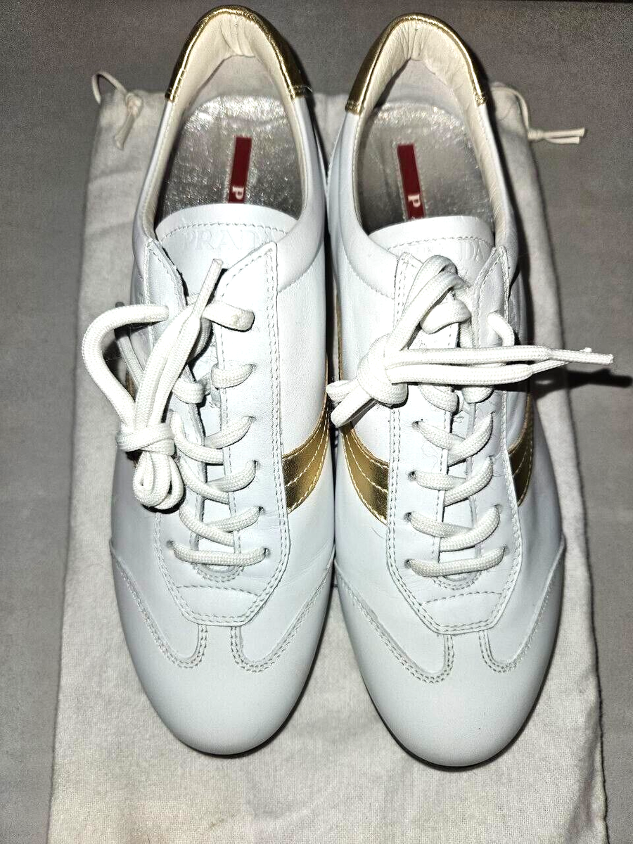 PRADA White and gold LEATHER SNEAKERS with SIZE 37,5/7 | eBay PRADA White and gold LEATHER SNEAKERS with SIZE 37,5/7 | eBay