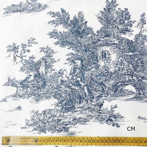 Toile de Jouy Blu Resinato Antimacchia al Metro | MADE IN ITALY | Altezza 180cm - Foto 42 di 56