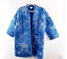 Pure J Jill Quilted Jacket Sz Xl Blue Long Sleeve Open Front Kimono Pockets
