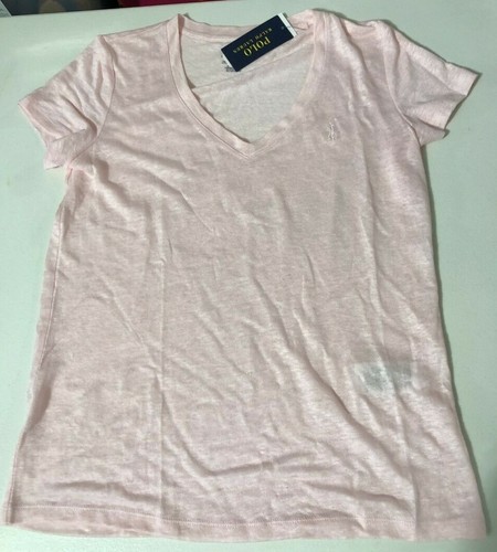 POLO Ralph Lauren Women’s Pink Size XS 100% LINEN V-neck T-shirt Pony