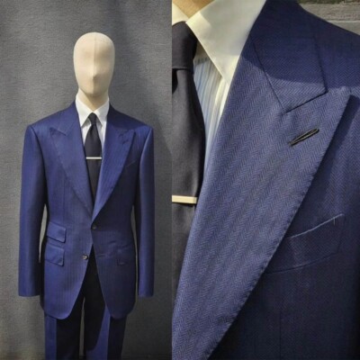 Mens Blue Herringbone Suits 2 Piece Regular Fit Wide Lapel Suits 42r 44r 46r 48r