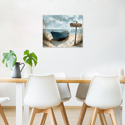 Vintage Boat Blue Ocean Coastal Beach Canvas Wall Art for Bathroom
