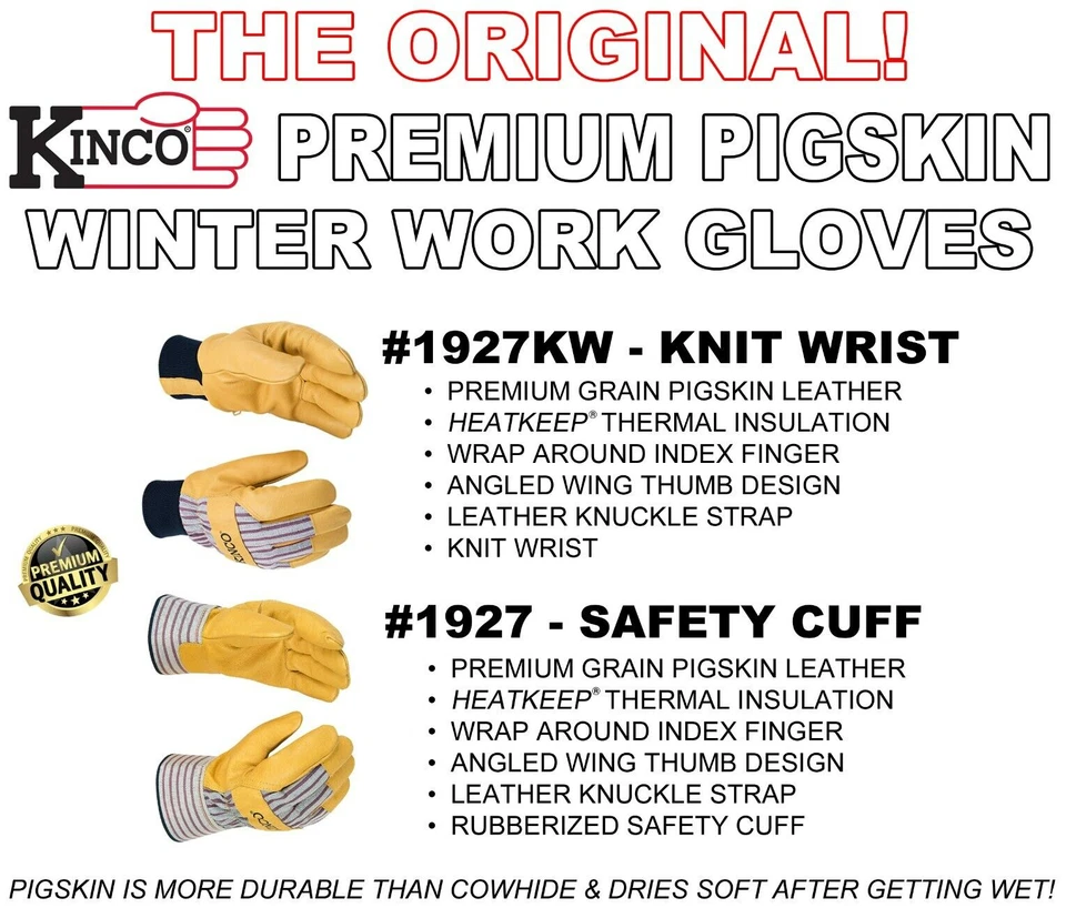 LUVAS DE TRABALHO KINCO couro de porco clima frio inverno quente forrado isolado GG - Imagem 4 de 4