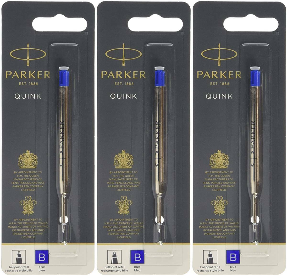 Parker Quink Ballpoint Pen Refills, Broad Point, 3 Packs of 1 Refill