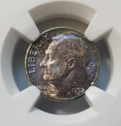 1957 Roosevelt Silver Dime NGC MS 66 MONSTER Copper Toned End Roll Album Toning