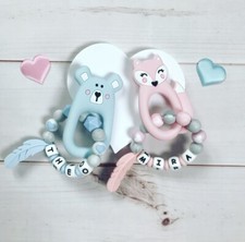 Anneau de Dentition Préhension Hochet avec Noms Nom Désiré en Silicone Rose Bleu