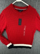 NWT Tommy Hilfiger Red Cable Knit Pullover Sweater 80 Women XL Preppy Blue Trim