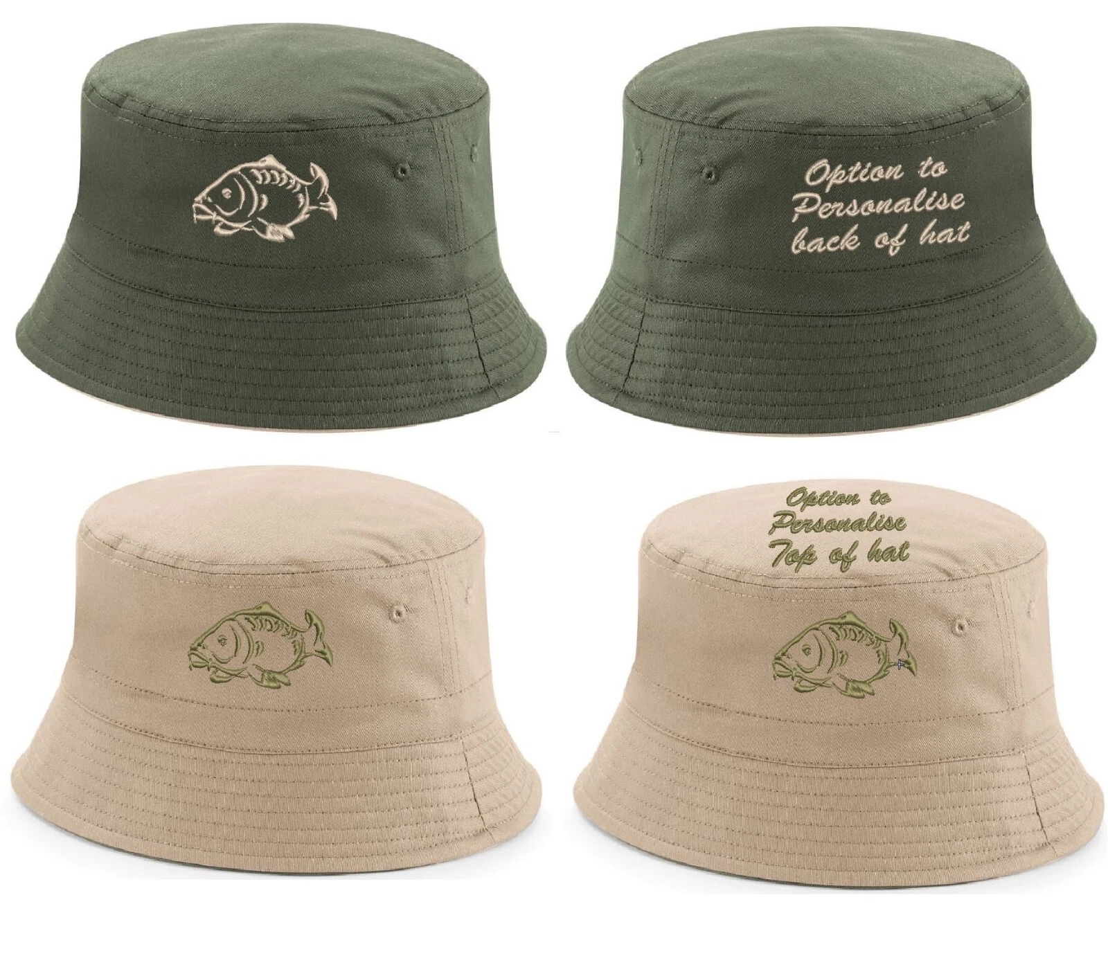 Embroidered Carp Fish Bucket Hat Option to Personalise with any text or name.