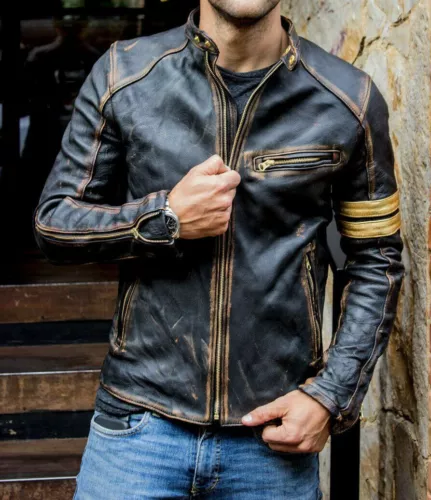 Herren Retro Stehkragen Motorrad, abgenutzte Coffee Shop Punk Stil Lederjacke - Bild 4 von 10
