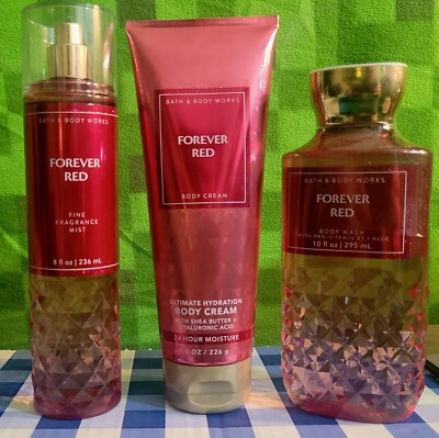 Bath & Body Works FOREVER RED 3 ITEM LOT. Body Spray, Body Cream & Shower Gel