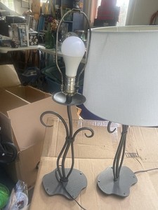 Black Metal Scroll Table Lamp, White Drum Fabric Shade Included, Corded