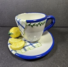 Bella Casa by Ganz Napkin Lemon & Lemon Slices Teacup & Saucer Blue Green Yellow