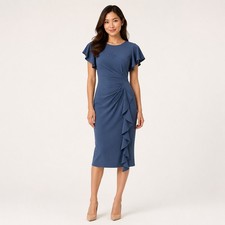 Unbranded Womens Ruffle Ruched Bodycon Midi Dress Size S Dusty Blue Formal