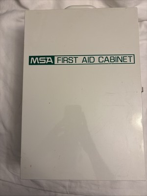 Vtg MSA First Aid Cabinet Kit Metal Hanging Case Sealed Contents 15.5 x10.5 x5 