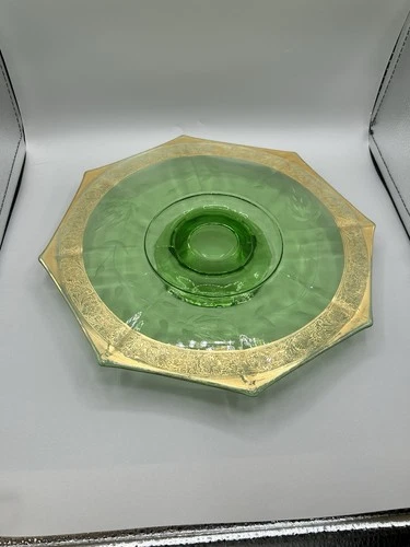 VTG Tiffin Franciscan Rambler Rose Green Depression Glass Footed Cake Stand