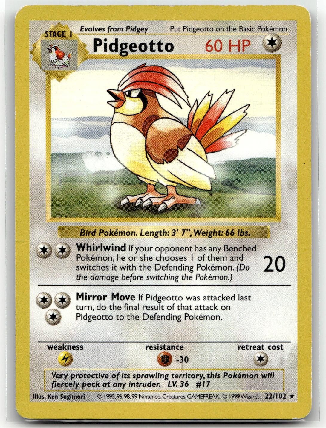 Pidgeotto 22/102 Rare Base Set Shadowless Pokemon Unlimited MP