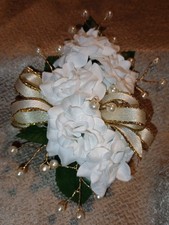 NEW 5" Artificial White Rose Wrist Corsage W/Pearl Sprays And Gold Bow