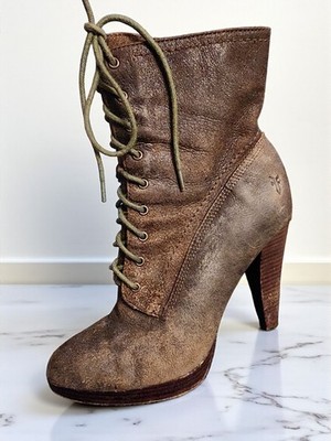 Frye Harlow Lace Up Boots Womens Size 8.5M Brown Distressed Leather Heels