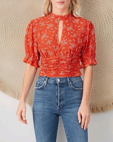 Auguste Women Mimi Floral Keyhole Blouse Red Size 4 Ruched Open Back Crop Top