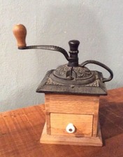 VINTAGE WOODEN  CAST IRON COFFEE GRINDER  WOOD BASE
