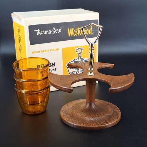 Vtg Wooden Condiment Serving Set 3 Amber Acrylic Bowls Cups Stand MCM - Picture 6 of 17