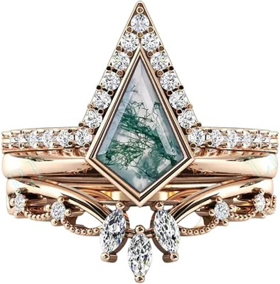Kite Cut Moss Agate Gemstone Antique Unique Bridal Engagement Ring Set for Women