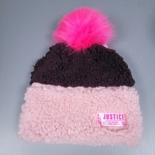 Justice Girls Beanie Sherpa Hat Pom Pom Double Fleece Lined Pink Purple Warm NEW