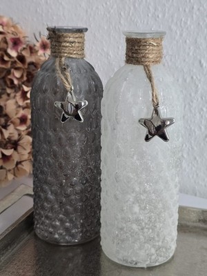 2er Set Glas Deko Flasche mit Sternchen * Weiß & Grau * NEUWERTIG * 20 cm * Vase