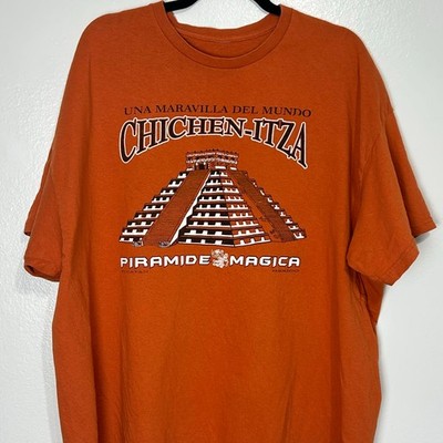 Chichen Itza Vintage Mexico T Shirt XL Men Y2K Yucatan Pyramid Orange Travel Tee