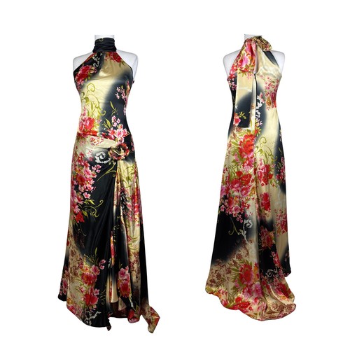 Vintage Y2K Floral Satin Halter Maxi Dress – Black Gold Evening Gown