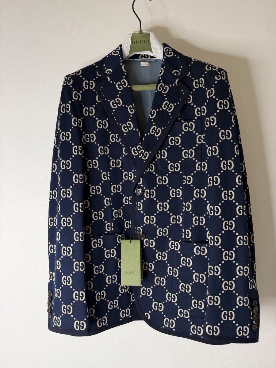 Gucci GG Monogram Blazer Jacket Navy Blue Size 46 Italy NEW w