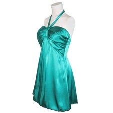 Vintage Y2K Jewel Green Satin Halter Babydoll Mini Dress Bubble Hem Sz 14 Xscape
