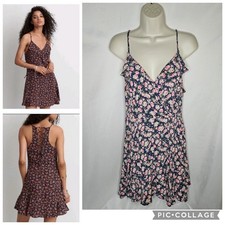Womens American Eagle Outfitters Blue Pink Floral Tie Lace Up Back Wrap Dress L
