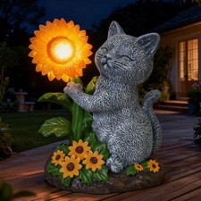 Solar Cat Statue with Sunflower Light - Outdoor Garden Decor Gifts