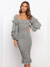 Petal & Pup Leia Shirred Ruffle Sleeve Bodycon Midi Dress 12