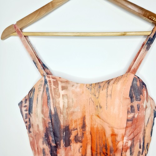 Valleygirl Size 10 Orange Abstract Sheer Adjustable Strap Short Lined Long Dress - Picture 7 of 14