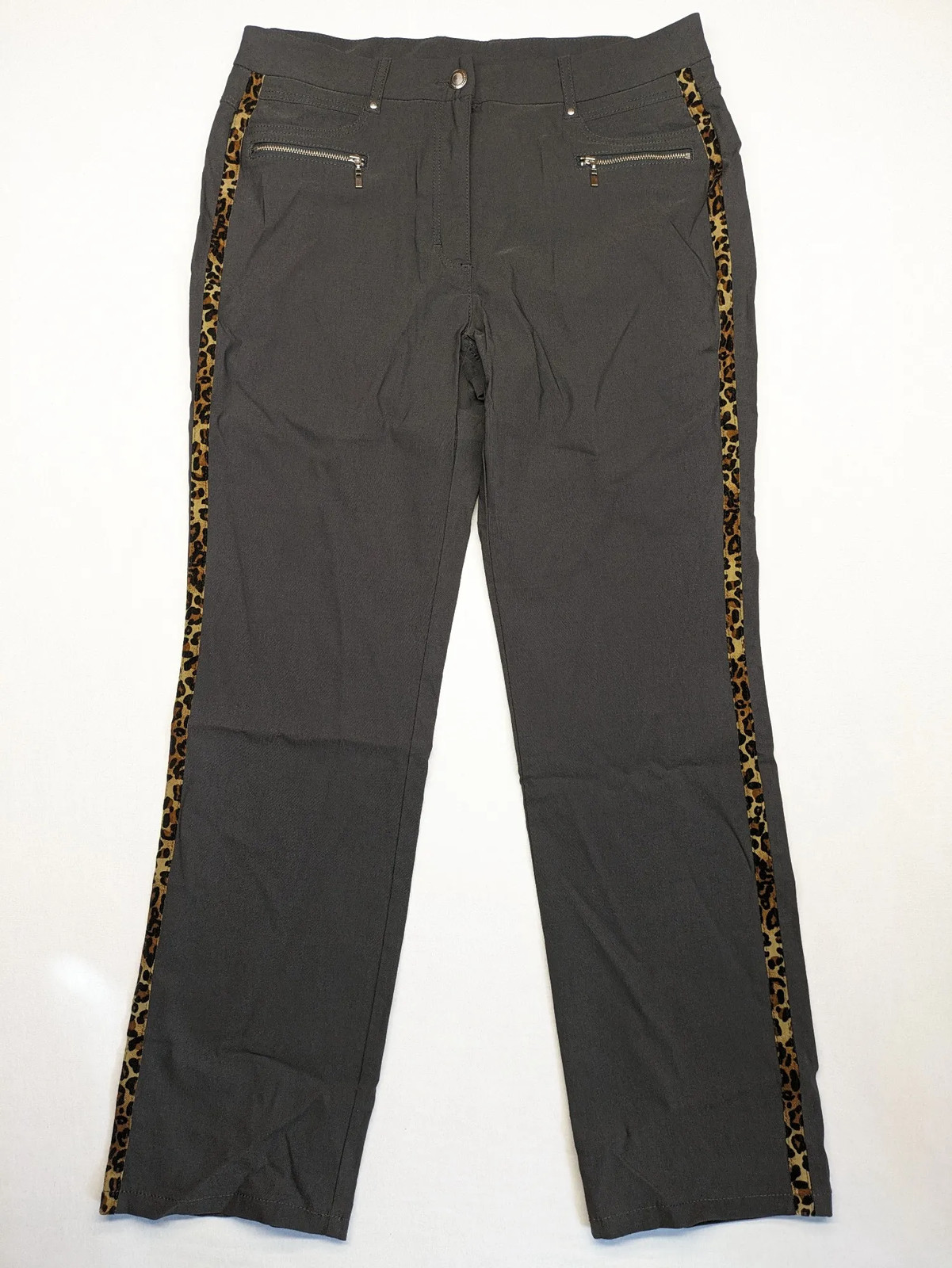 Damen Schlauch Stoffhose Leoparden EU 40 Seitenstreifen Leo Print Grau 2256