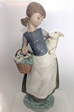 LLADR&Oacute; Porcelain Figurine Girl Holding Lamb & Basket, Spanish, 28cm, 1980s