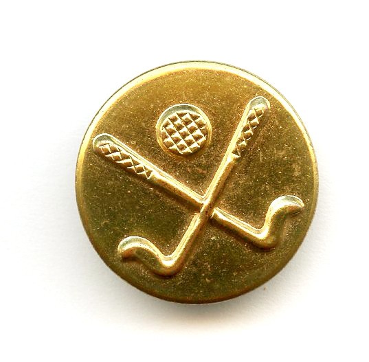 WONDERFUL VINTAGE METAL button--2 HOCKEY STICKS & PUCK?--just UNDER 1"